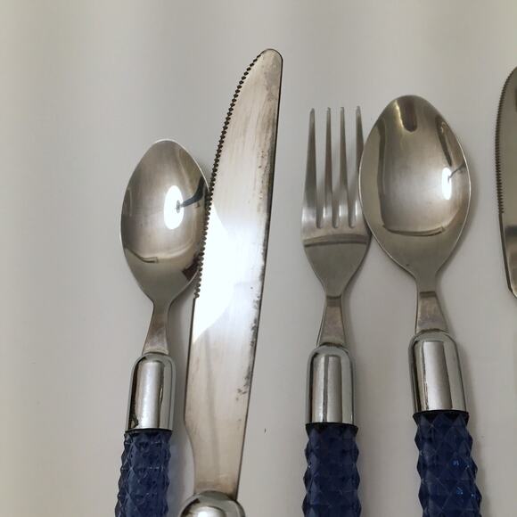 Lot of 10 Lucite Acrylic Plastic Handle Flatware Blue Faceted Diamond - Picture 6 of 11